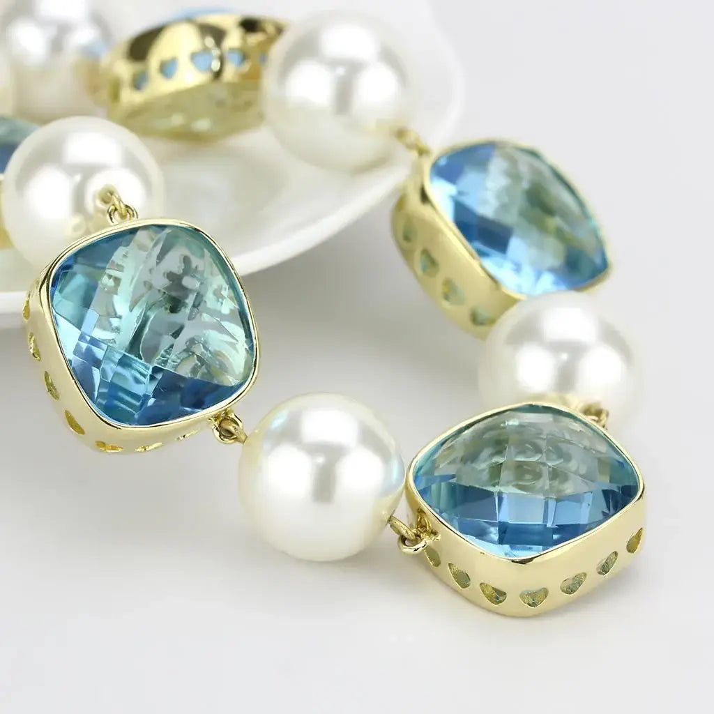 LO4706 - Gold Brass Necklace with Synthetic Synthetic Glass in Sea Blue - Alamode - Flyclothing LLC