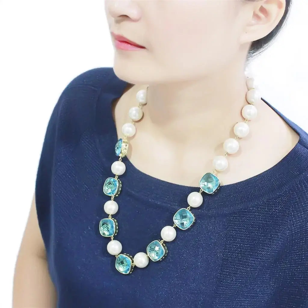 LO4706 - Gold Brass Necklace with Synthetic Synthetic Glass in Sea Blue - Alamode - Flyclothing LLC