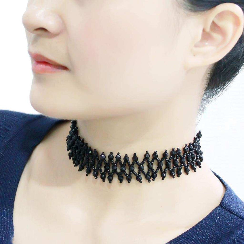 LO4715 - Rhodium Brass Necklace with Synthetic Synthetic Glass in Jet - Alamode - Flyclothing LLC