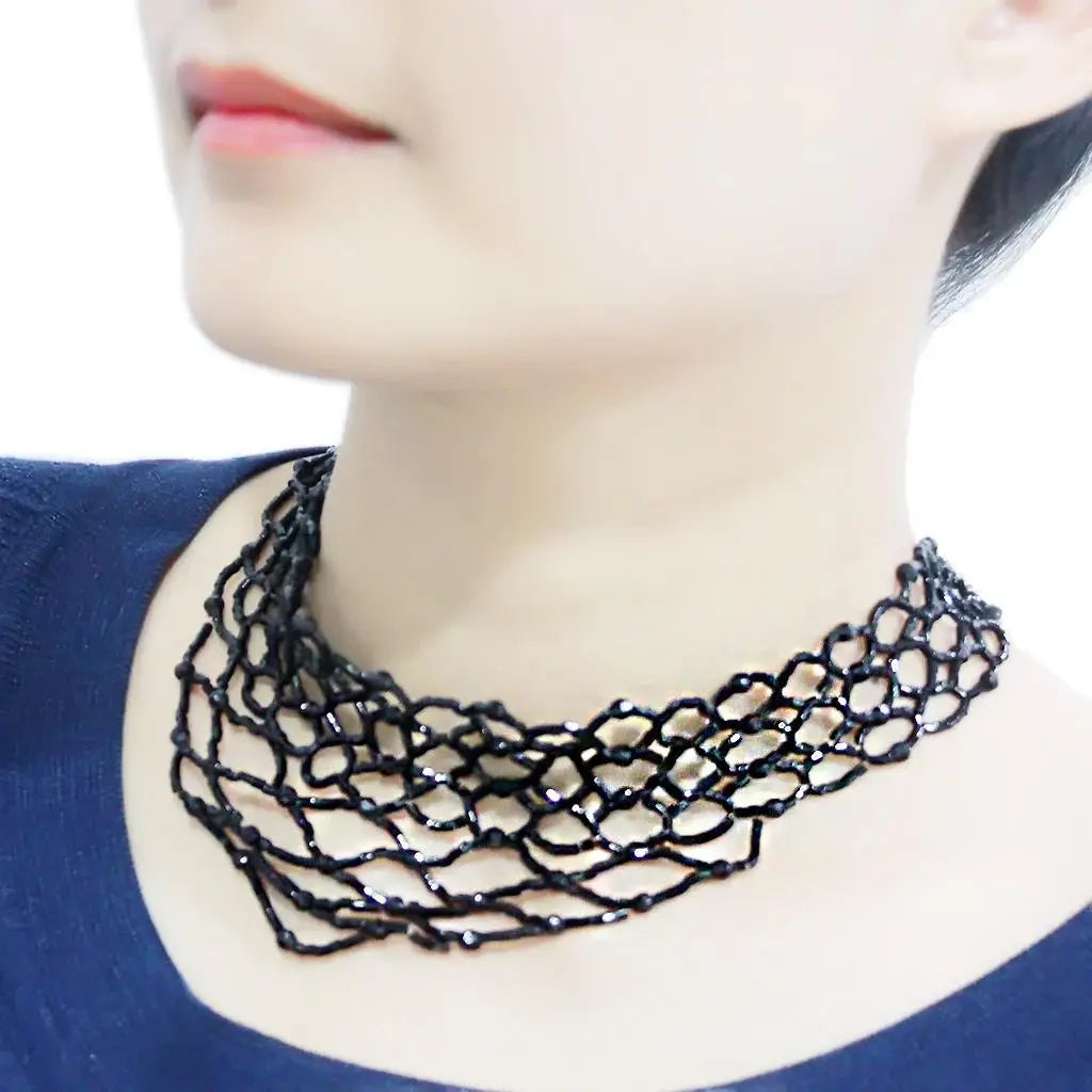 LO4716 - Rhodium Brass Necklace with Synthetic Synthetic Glass in Jet - Alamode - Flyclothing LLC