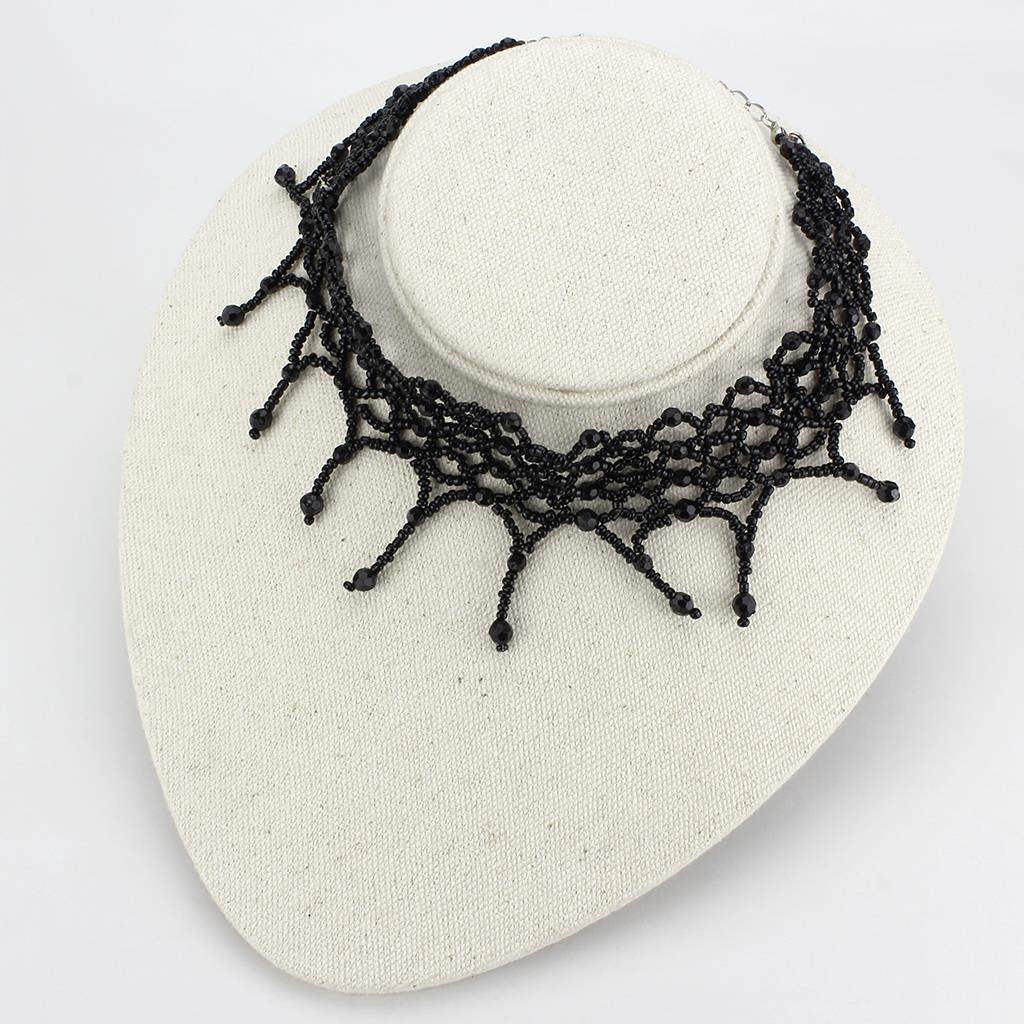 LO4717 - Rhodium Brass Necklace with Synthetic Synthetic Glass in Jet - Alamode - Flyclothing LLC