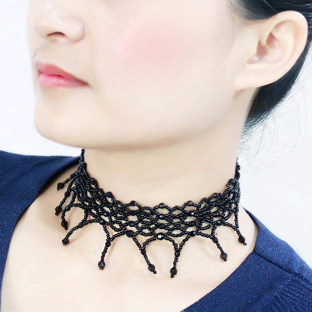 LO4717 - Rhodium Brass Necklace with Synthetic Synthetic Glass in Jet - Alamode - Flyclothing LLC