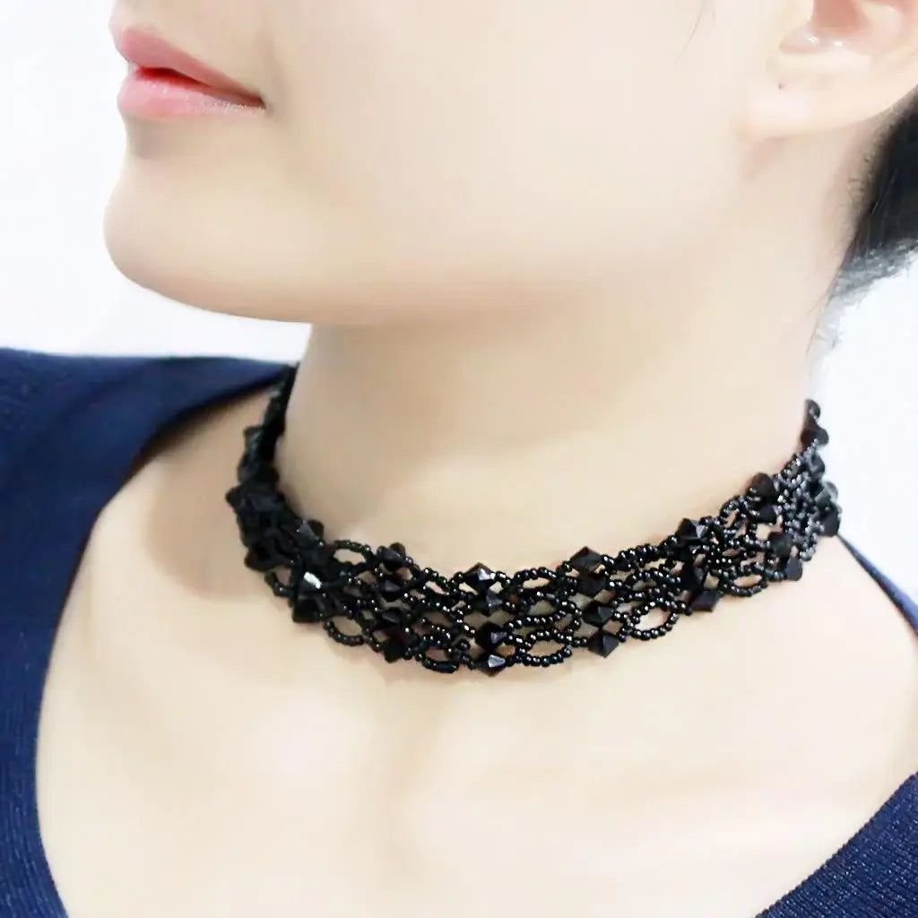 LO4718 - Rhodium Brass Necklace with Synthetic Synthetic Glass in Jet - Alamode - Flyclothing LLC