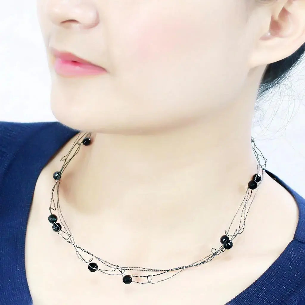 LO4719 - Ruthenium White Metal Necklace with Synthetic Synthetic Glass in Jet - Alamode - Flyclothing LLC