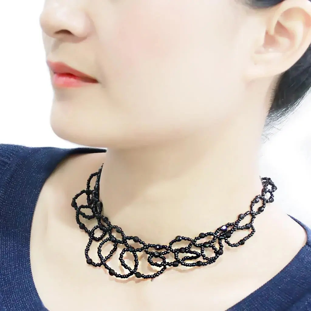 LO4721 - Rhodium Brass Necklace with Synthetic Synthetic Glass in Jet - Alamode - Flyclothing LLC