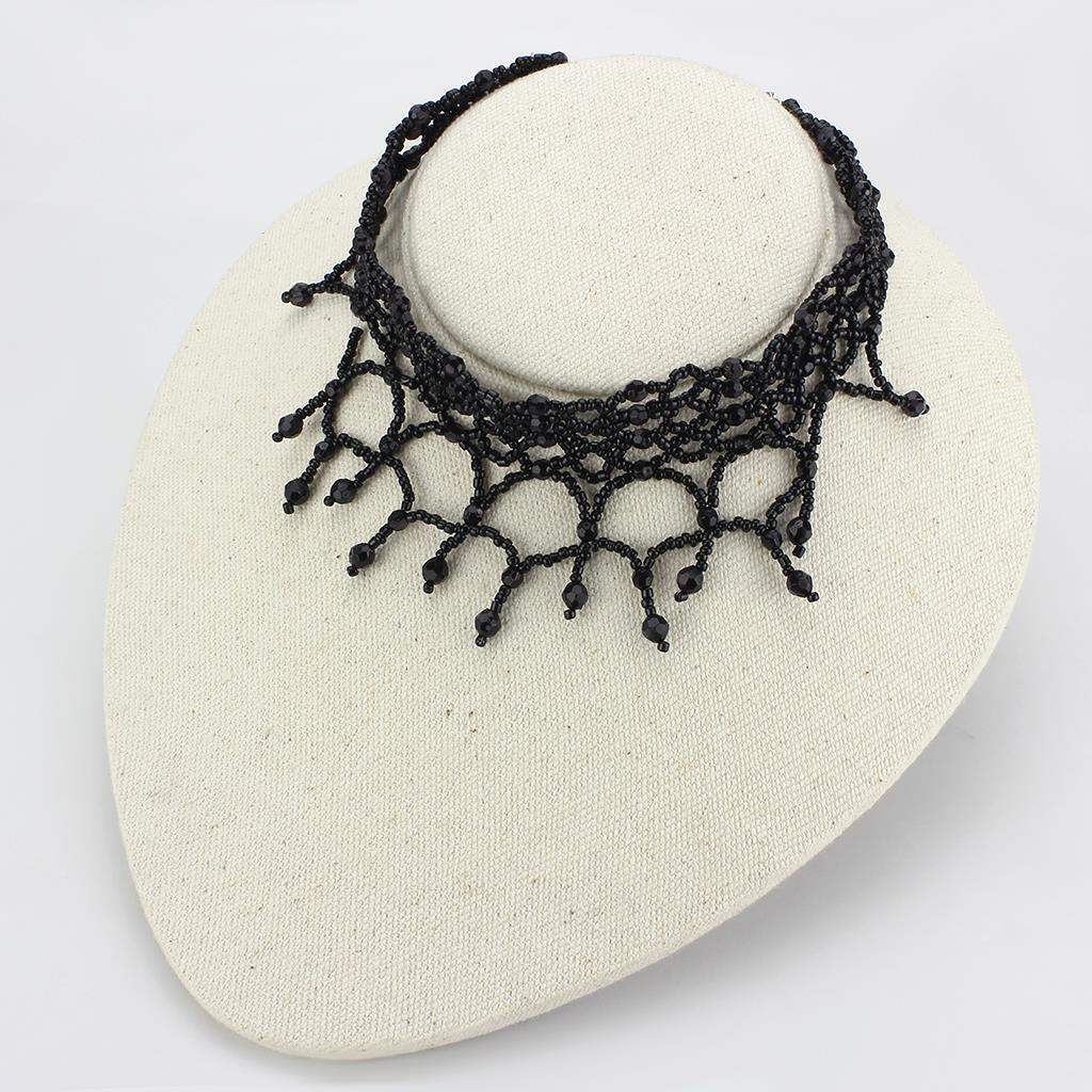 LO4722 - Rhodium Brass Necklace with Synthetic Synthetic Glass in Jet - Alamode - Flyclothing LLC