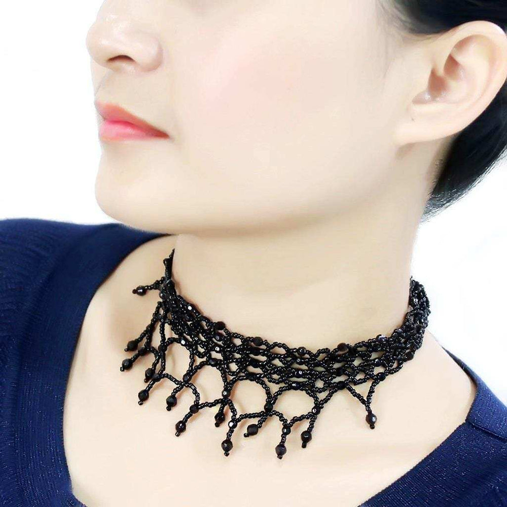 LO4722 - Rhodium Brass Necklace with Synthetic Synthetic Glass in Jet - Alamode - Flyclothing LLC