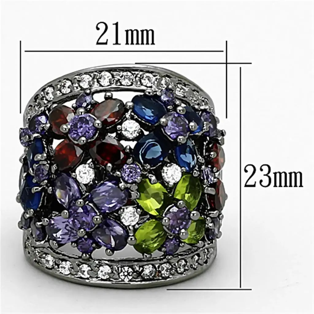 LOA884 - Ruthenium Brass Ring with AAA Grade CZ in Multi Color - Alamode - Flyclothing LLC