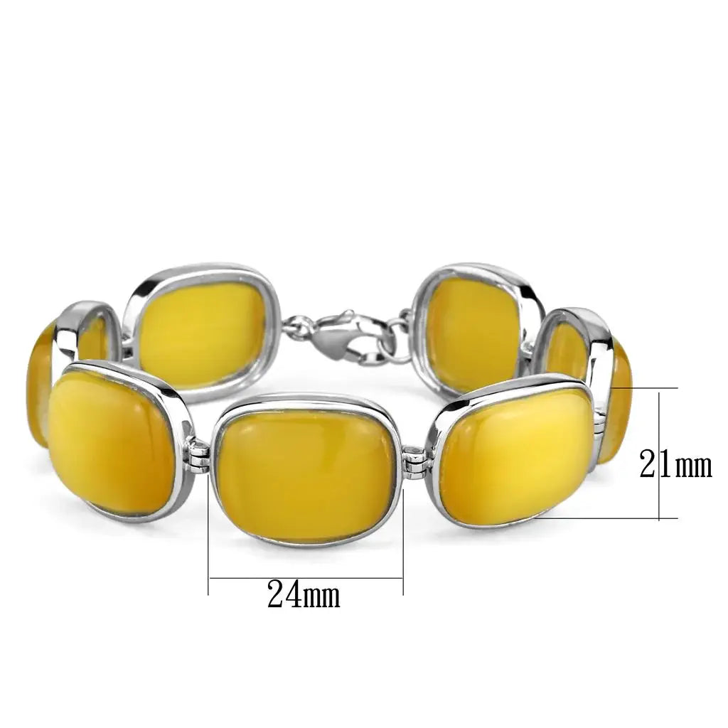 LOS763 - Rhodium 925 Sterling Silver Bracelet with Synthetic Cat Eye in Topaz - Alamode - Flyclothing LLC