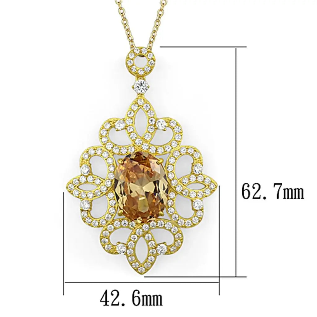 LOS784 - Gold 925 Sterling Silver Chain Pendant with AAA Grade CZ in Champagne - Alamode - Flyclothing LLC