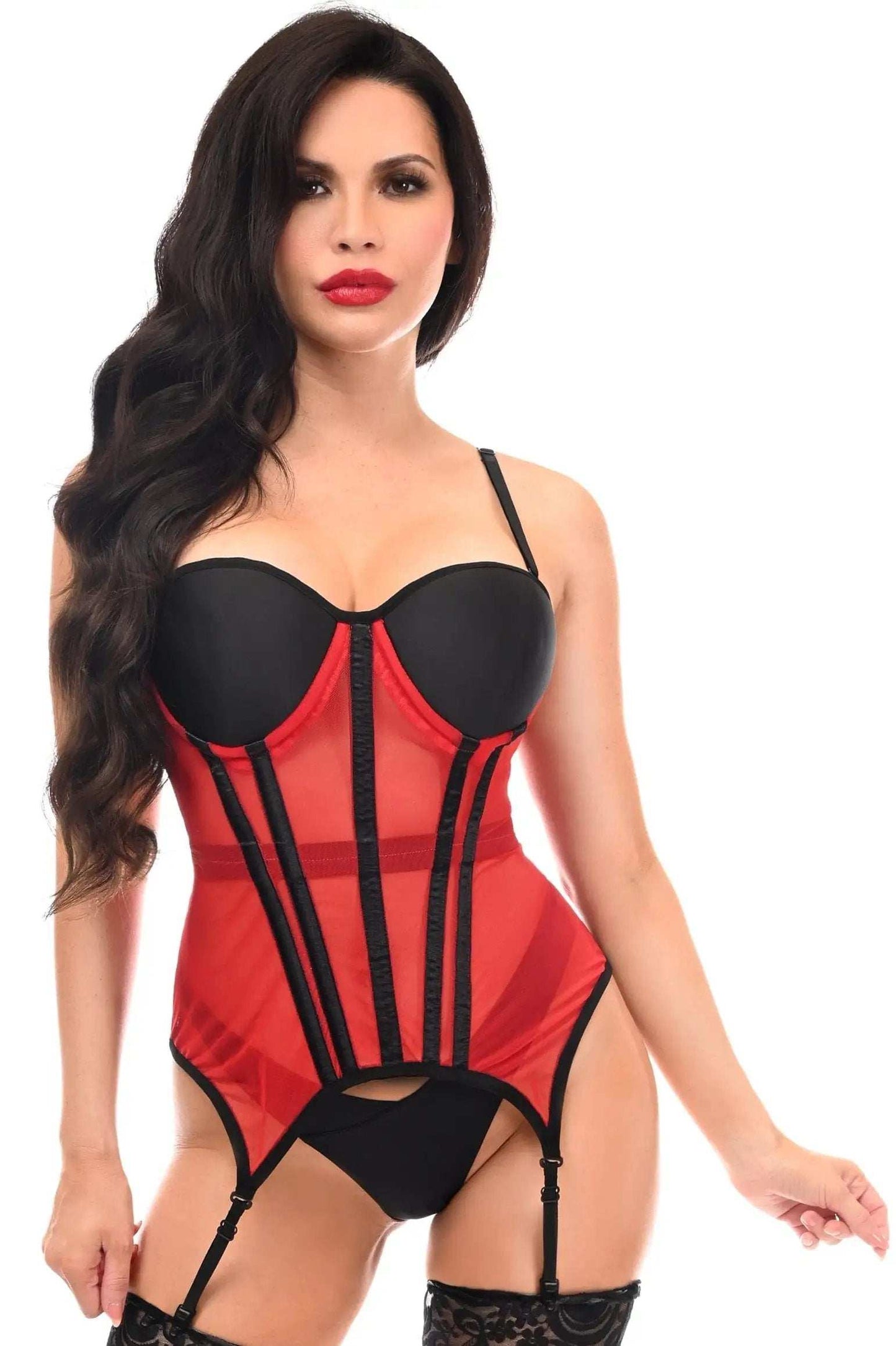 Daisy Corsets Lavish Red/Black Mesh Underwire Bustier Corset w/Garters - Daisy Corsets - Flyclothing LLC