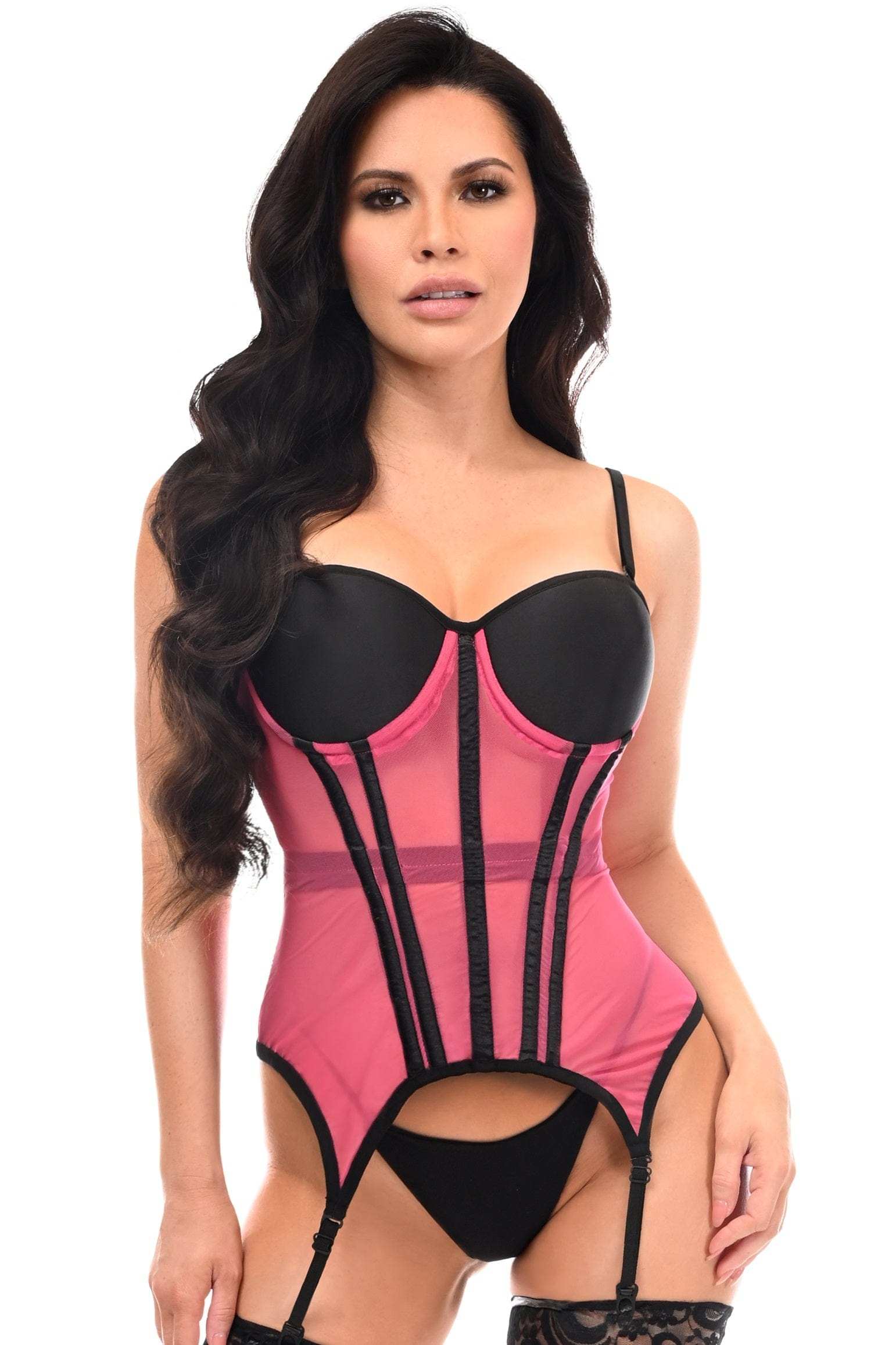 Daisy Corsets Lavish Pink/Black Mesh Underwire Bustier Corset w/Garters - Daisy Corsets - Flyclothing LLC