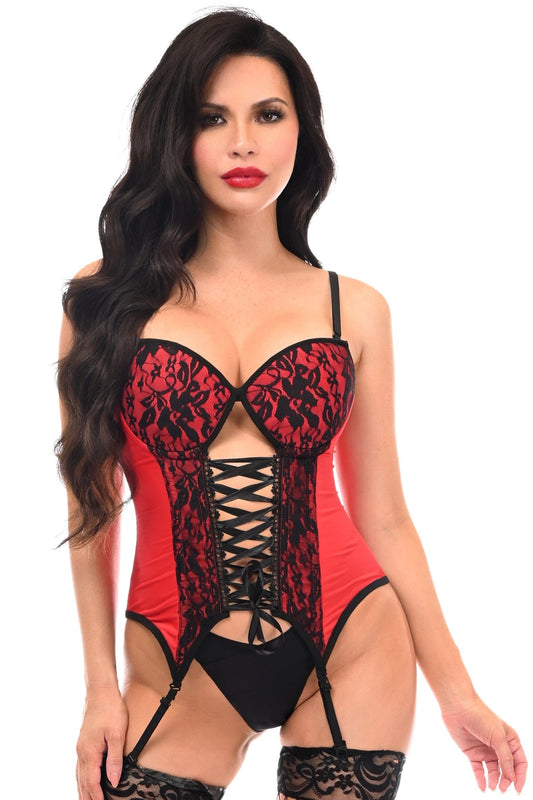 Daisy Corsets Lavish Red/Black Lycra & Lace Hook & Eye Lace-Up Bustier Corset w/Garters - Daisy Corsets