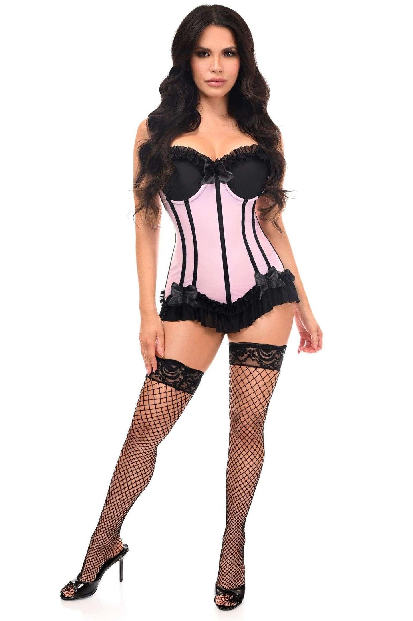 Daisy Corsets Lavish Lt Pink w/Black Lycra Hook & Eye Stretch Bustier Corset - Daisy Corsets - Flyclothing LLC
