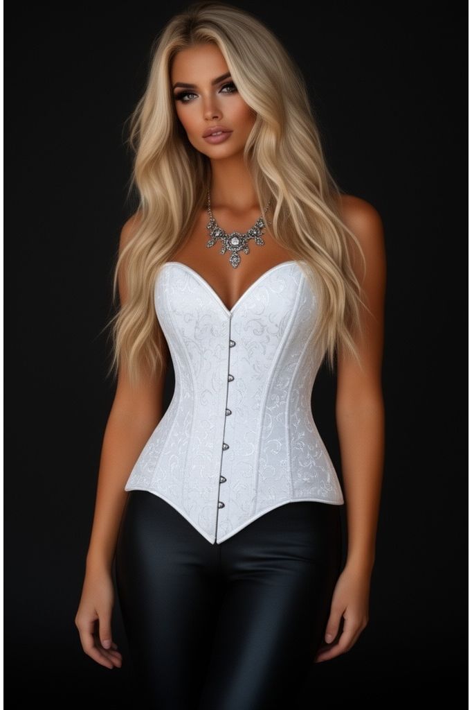 Daisy Corsets Lavish White Brocade Overbust Corset W/Busk Closure - Daisy Corsets
