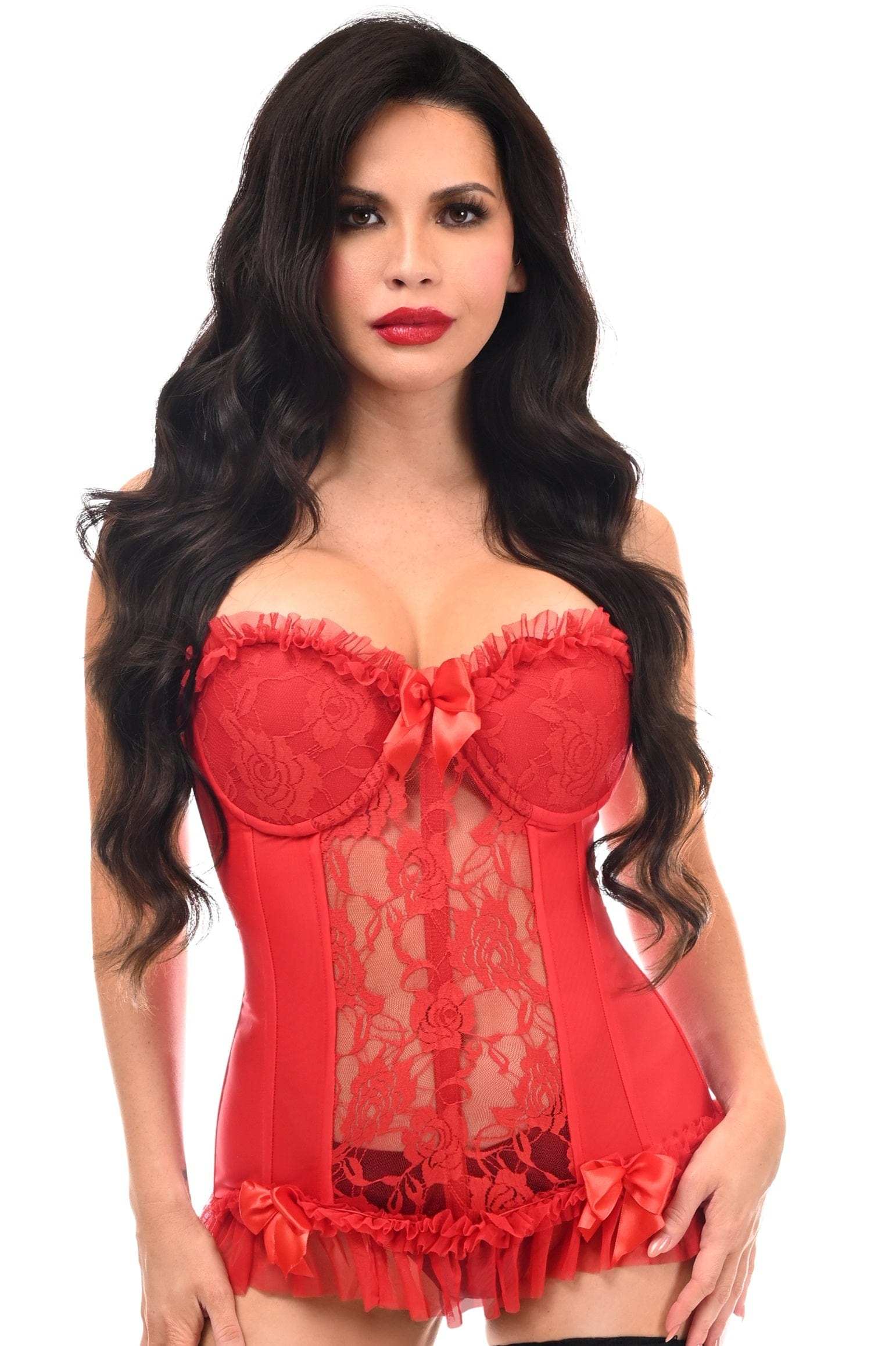 Daisy Corsets Lavish Red Lycra & Lace Hook & Eye Stretch Bustier Corset - Daisy Corsets - Flyclothing LLC