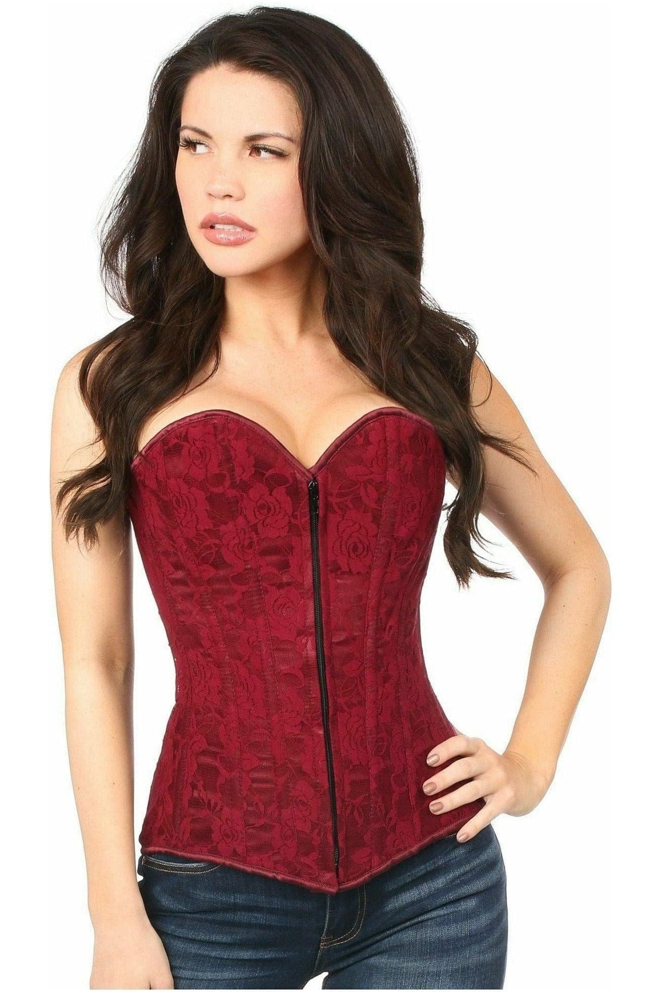 Daisy Corsets Lavish Wine Lace Overbust Corset w/Zipper - Daisy Corsets