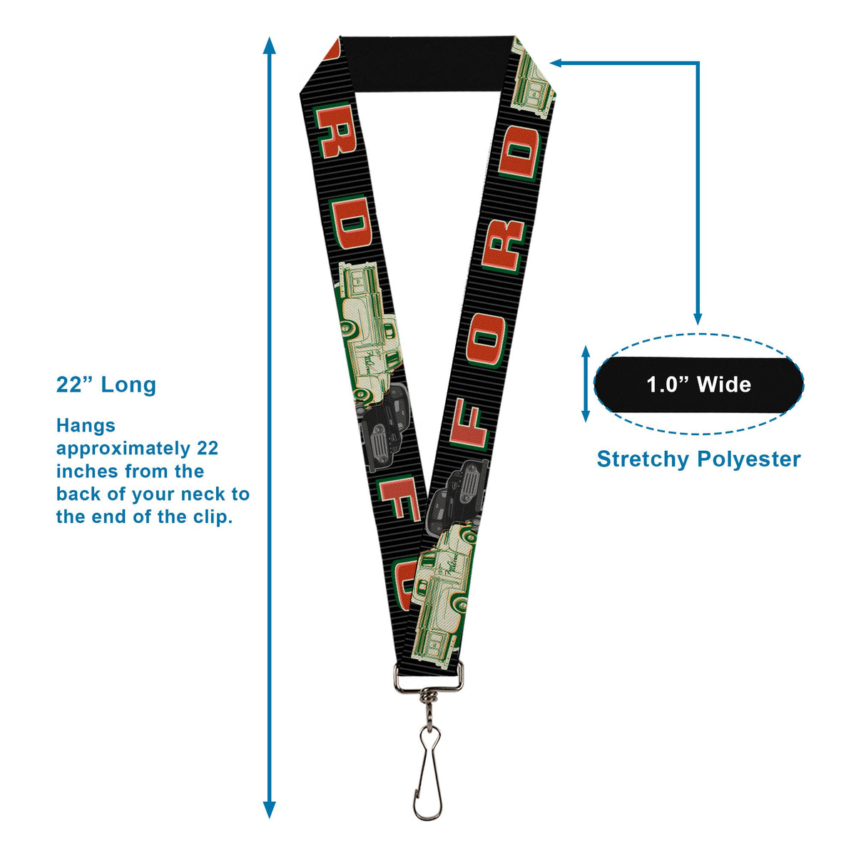 Lanyard - 1.0" - FORD Classic Ford Trucks Vertical Stripe Black Grays Green Red - Buckle-Down - Flyclothing LLC