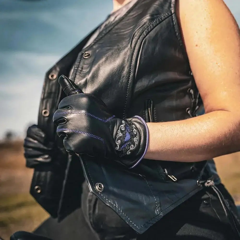 Ladies Full Finger Gloves with Purple Heart Design - Unik Just for Bikers - Flyclothing LLC