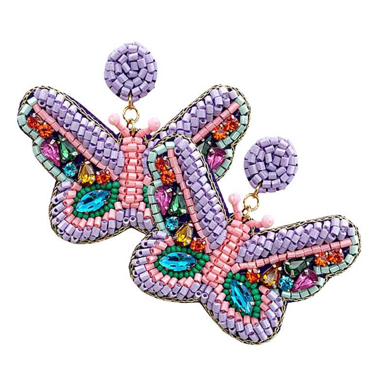 Felt Back Multi Stone Beaded Butterfly Dangle Earrings - Madeline Love - Flyclothing LLC