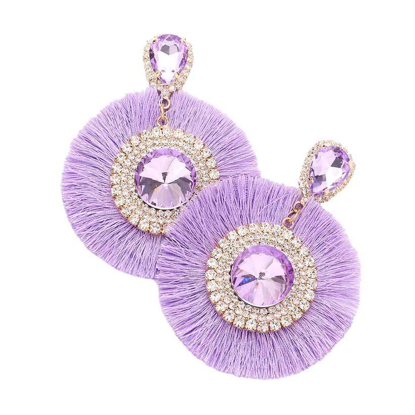 Teardrop Round Stone Accented Tassel Fringe Dangle Earrings - Madeline Love - Flyclothing LLC