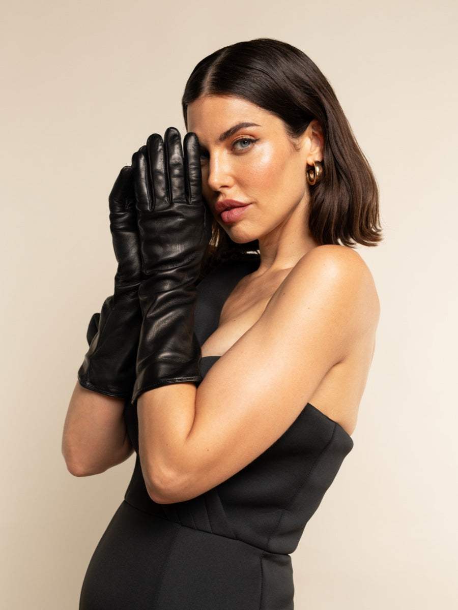 Leonora (black) - Italian cashmere lined 6-button length leather gloves - Leather Gloves Online - Flyclothing LLC