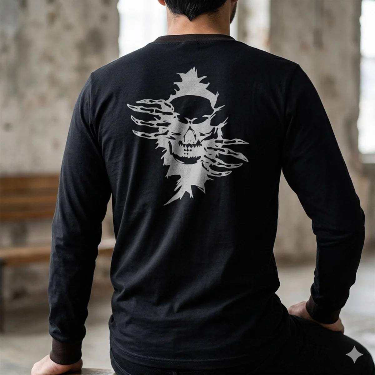Men's Black Long Sleeve T-Shirt with Skull Graphic Print - Unik Just for Bikers - Flyclothing LLC