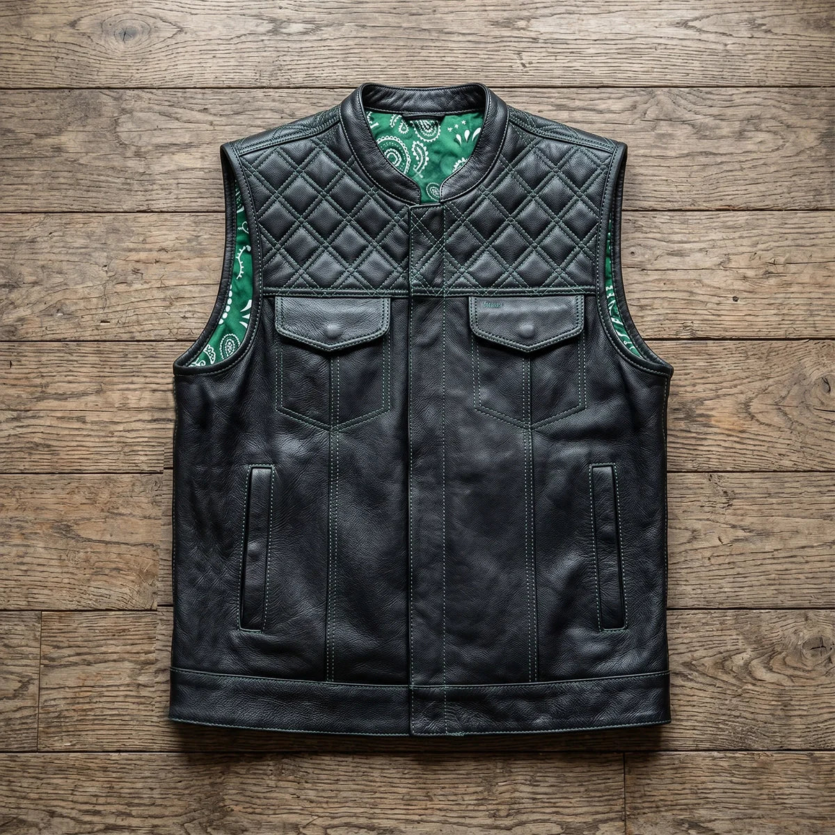 Green Diamond - Men's Club style Leather Motorcycle Vest - Unik Just for Bikers - Flyclothing LLC