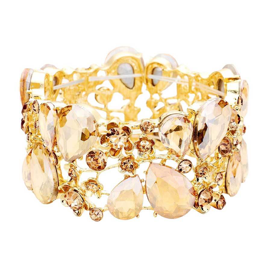 Glass Crystal Teardrop Floral Stretch Evening Bracelet - Madeline Love - Flyclothing LLC