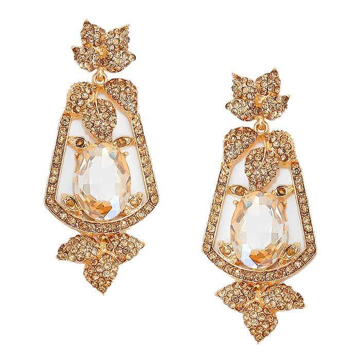 Oval Crystal Rhinestone Leaf Evening Earrings - Madeline Love - Flyclothing LLC