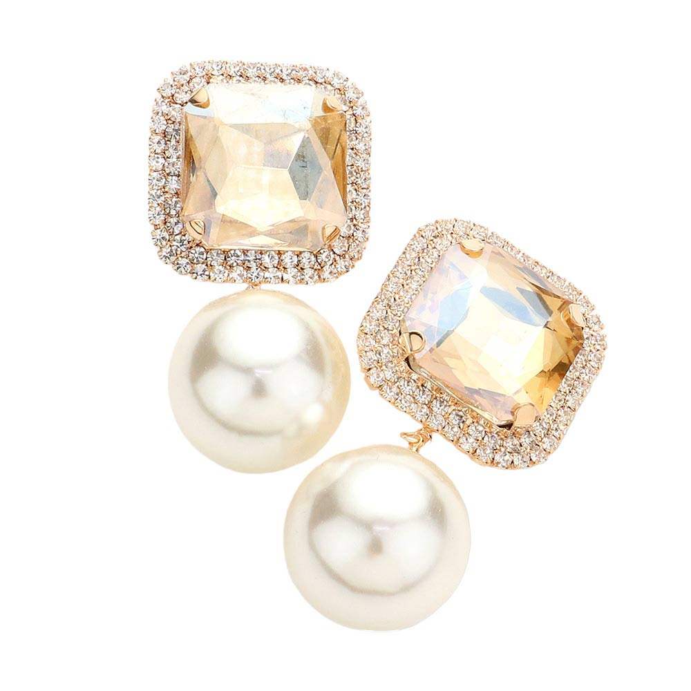 Square Stone Pearl Link Dangle Evening Clip on Earrings - Madeline Love - Flyclothing LLC