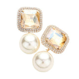 Square Stone Pearl Link Dangle Evening Clip on Earrings - Madeline Love - Flyclothing LLC