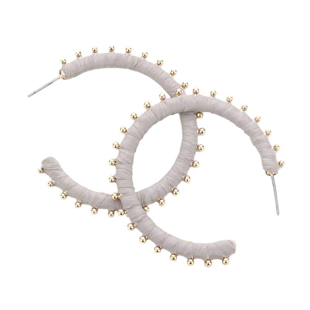 Metal Ball Trimmed Raffia Wrapped Hoop Earrings - Madeline Love - Flyclothing LLC