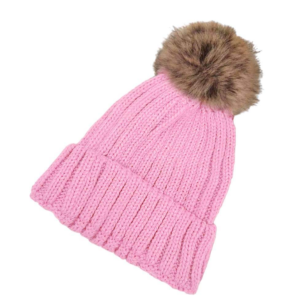 Solid Knit Faux Fur Pom Pom Beanie Hat - Madeline Love - Flyclothing LLC