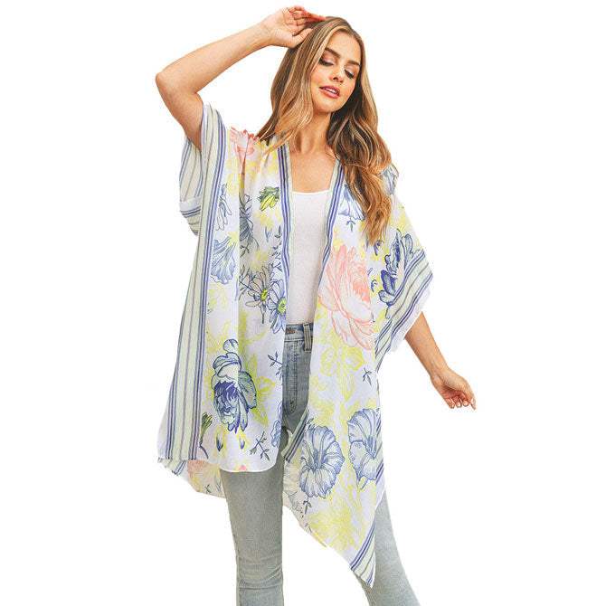 Multi Flower Patterned Cover Up Kimono Poncho - Madeline Love - Flyclothing LLC