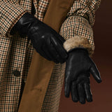 Luciana (black) - Extended women’s Italian lambskin leather gloves with rabbit fur lining