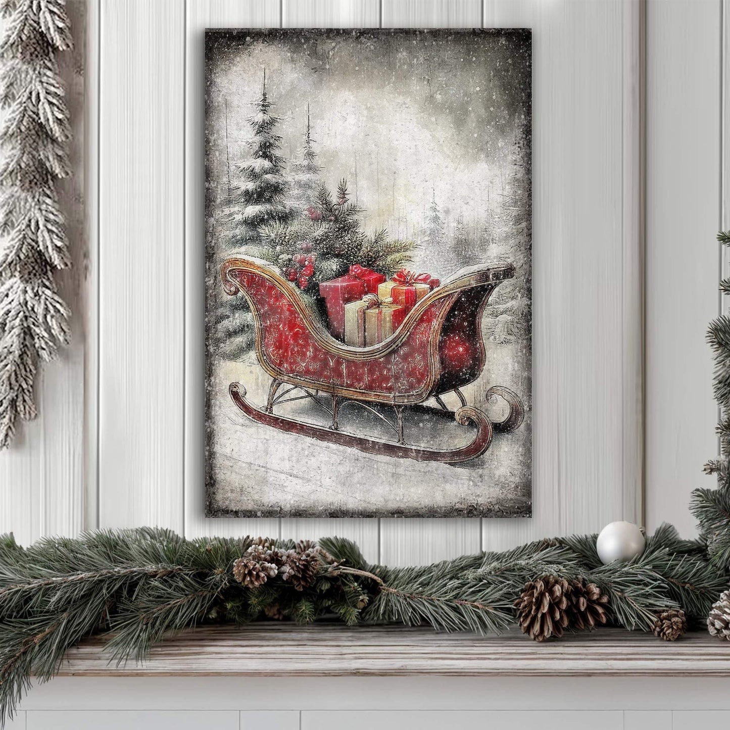 Vintage Christmas Sleigh Sled Wall Art VI - Tailored Canvases - Flyclothing LLC