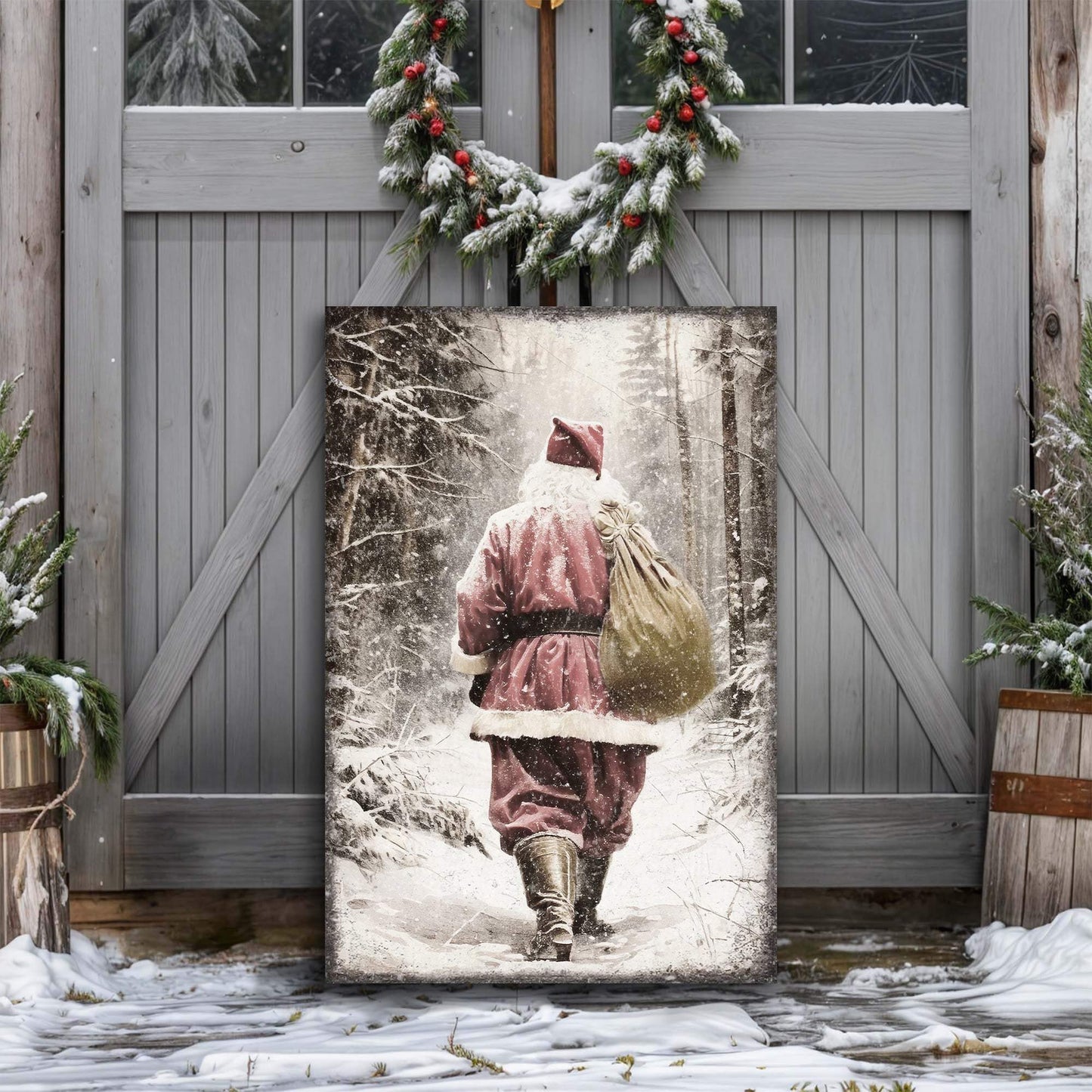 Vintage Santa Claus in Winter Forest Christmas Wall Art III - Tailored Canvases - Flyclothing LLC