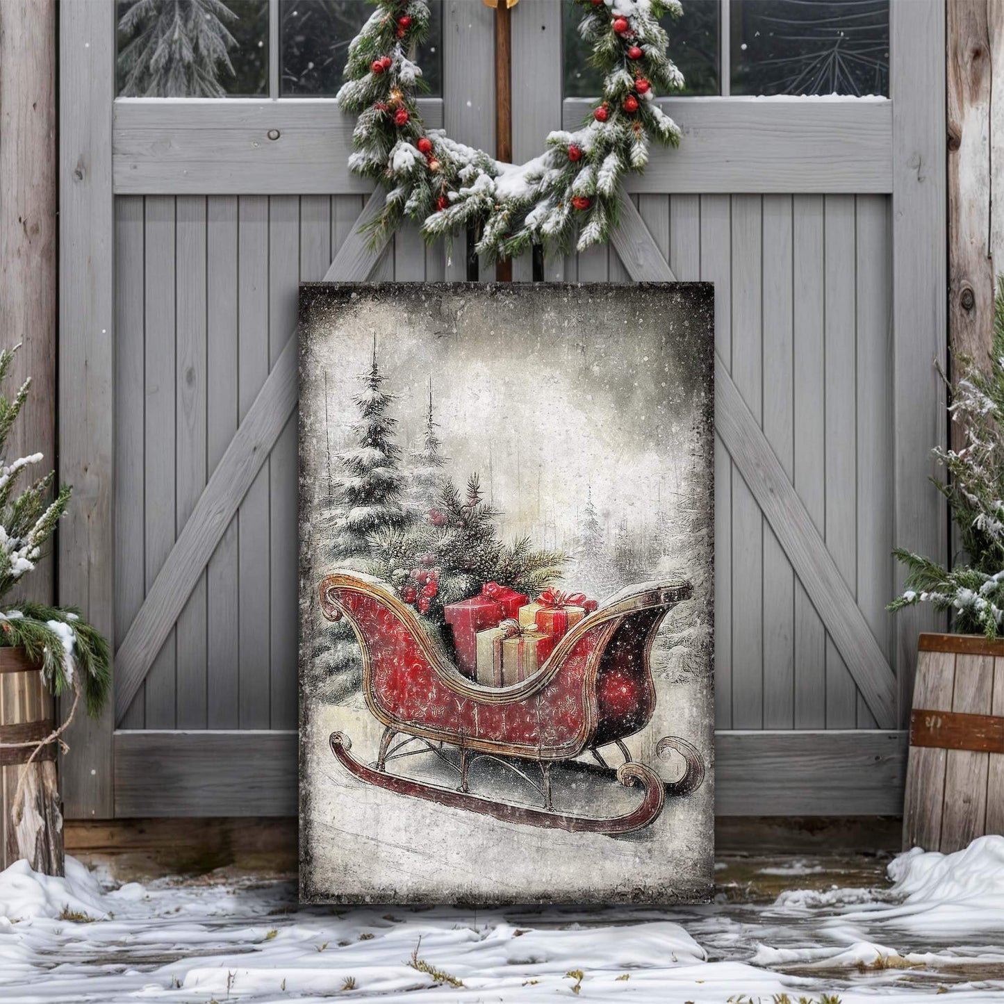 Vintage Christmas Sleigh Sled Wall Art VI - Tailored Canvases - Flyclothing LLC