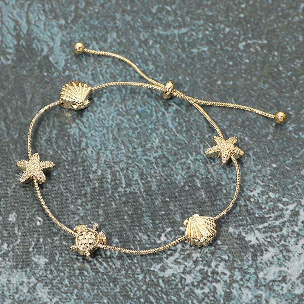 Textured Metal Starfish Shell Turtle Station Cinch Pull Tie Bracelet - Madeline Love - Flyclothing LLC