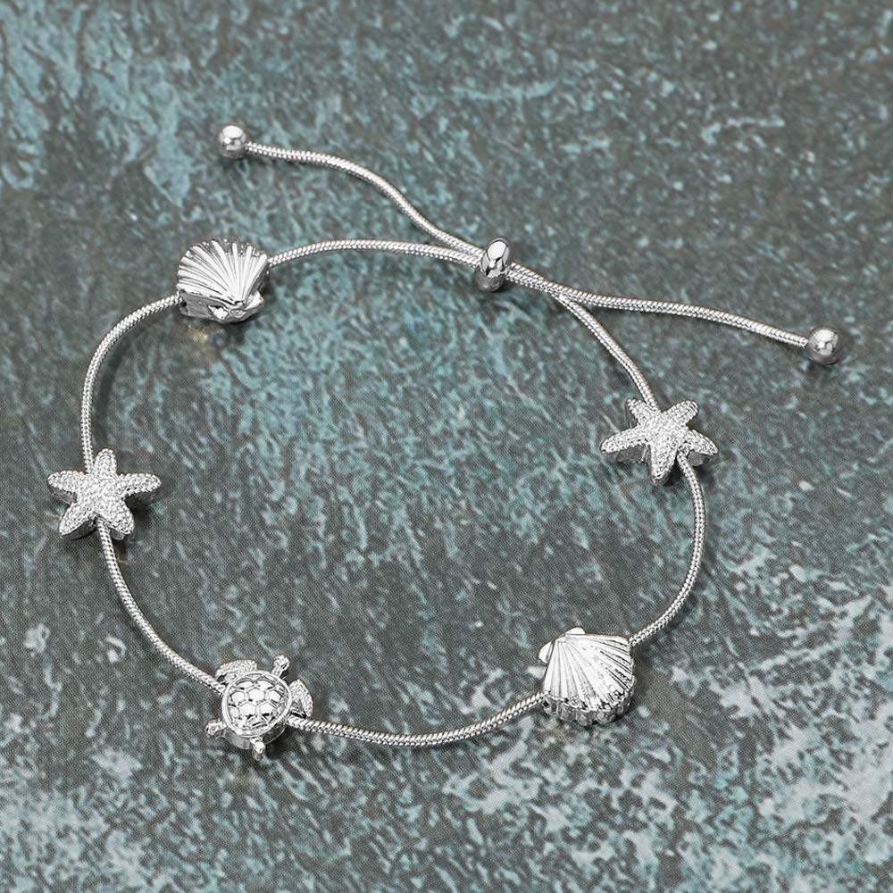 Textured Metal Starfish Shell Turtle Station Cinch Pull Tie Bracelet - Madeline Love - Flyclothing LLC