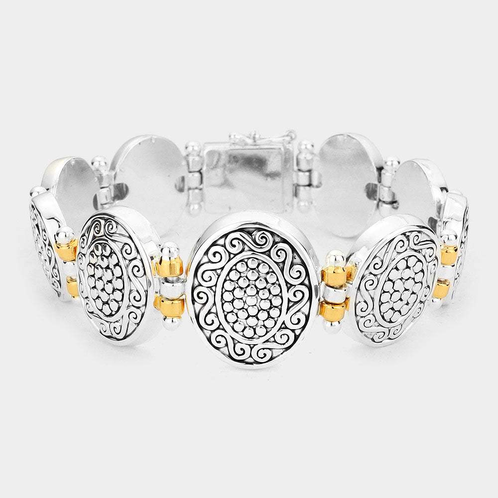 Antique Patterned Metal Oval Bracelet - Madeline Love - Flyclothing LLC