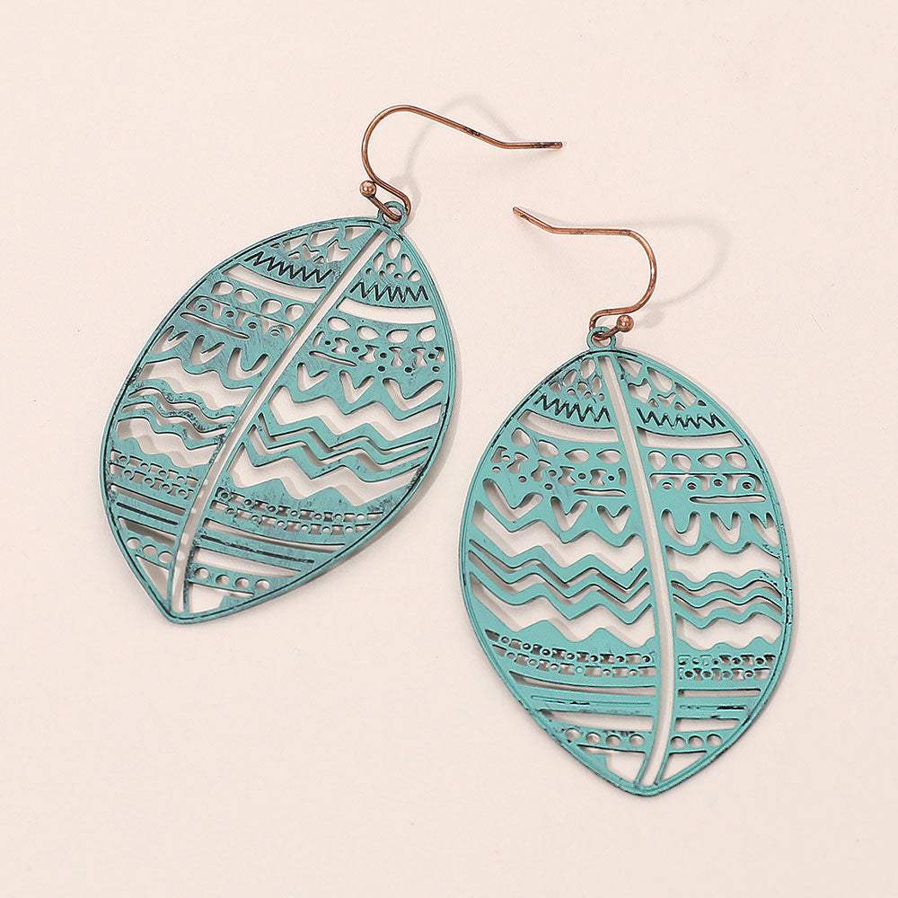 Brass Metal Tribal Pattern Cutout leaf Dangle Earrings - Madeline Love - Flyclothing LLC
