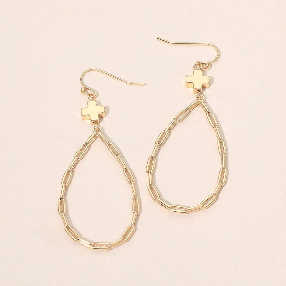 Metal Cross Charm Accent Paperclip Chain Link Open Teardrop Earrings - Madeline Love - Flyclothing LLC