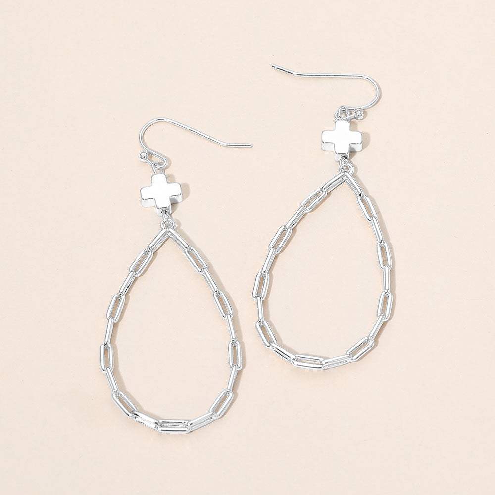Metal Cross Charm Accent Paperclip Chain Link Open Teardrop Earrings - Madeline Love - Flyclothing LLC