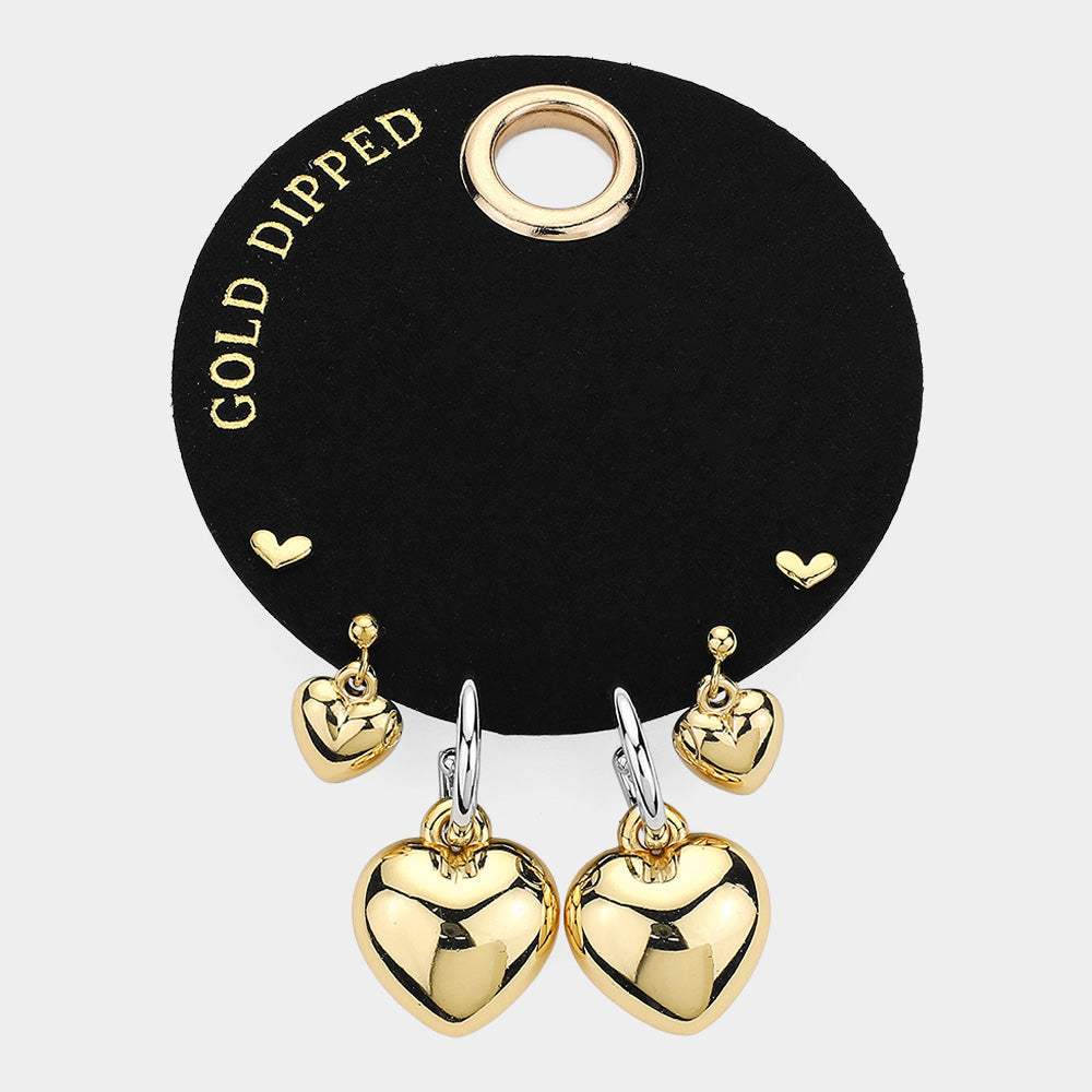 SECRET BOX_Gold Dipped Heart 3Pairs Earrings - Madeline Love - Flyclothing LLC
