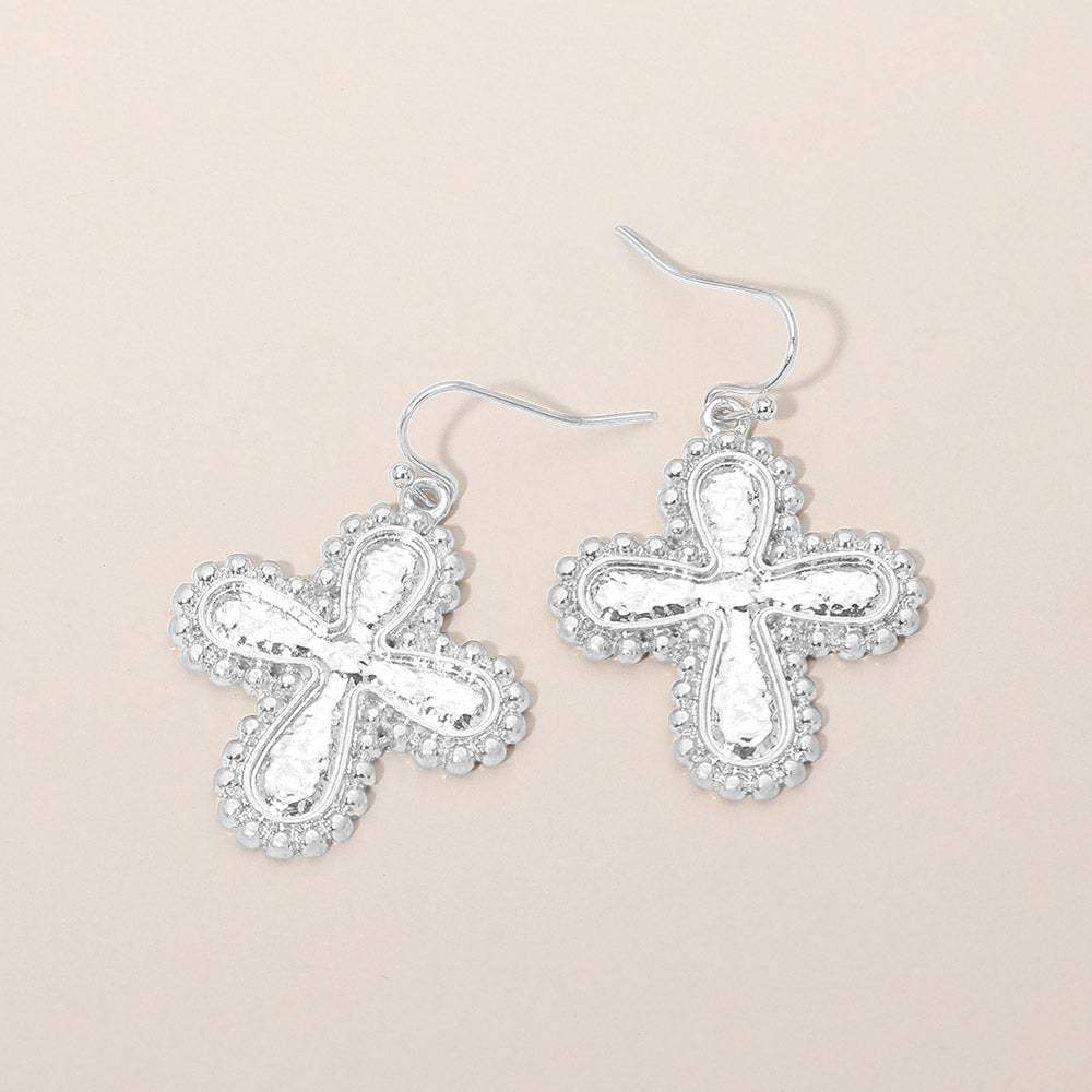 Textured Worn Metal Cross Drop Dangle Earrings - Madeline Love - Flyclothing LLC