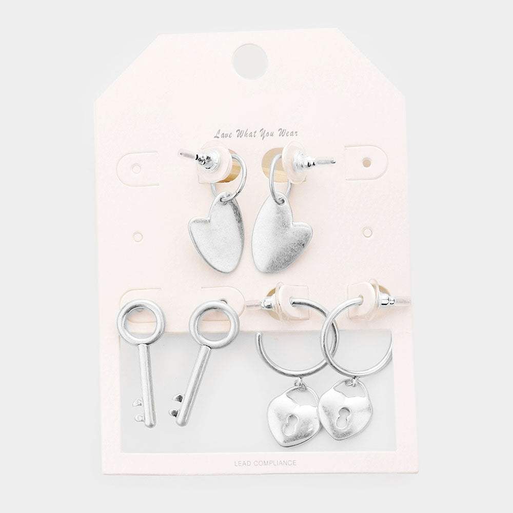 3Pairs - Metal Heart Key Lock Dangle Earrings - Madeline Love - Flyclothing LLC