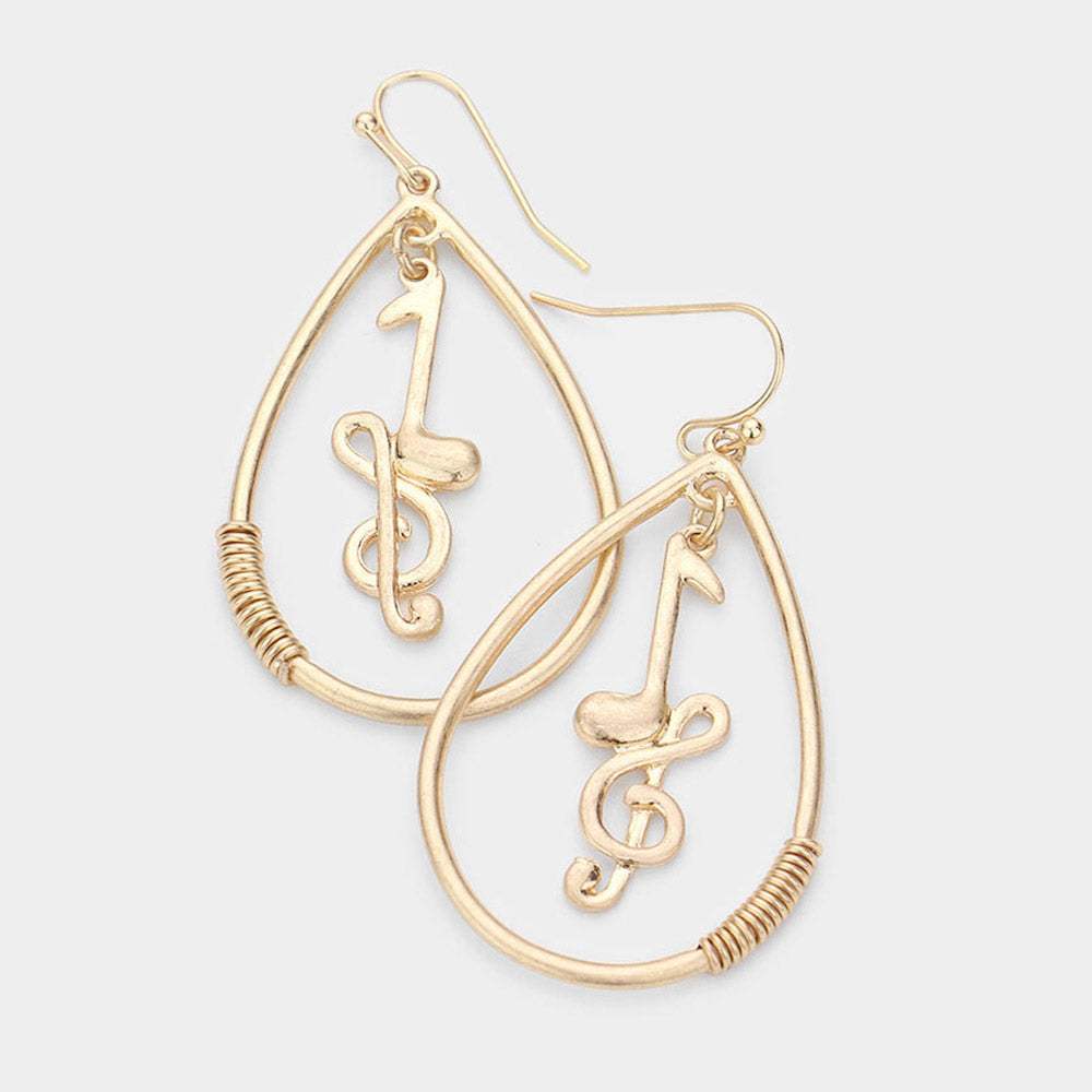 Music Nots Treble Clef Accented Open Metal Teardrop Dangle Earrings - Madeline Love - Flyclothing LLC