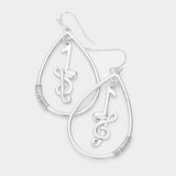 Music Nots Treble Clef Accented Open Metal Teardrop Dangle Earrings - Madeline Love - Flyclothing LLC